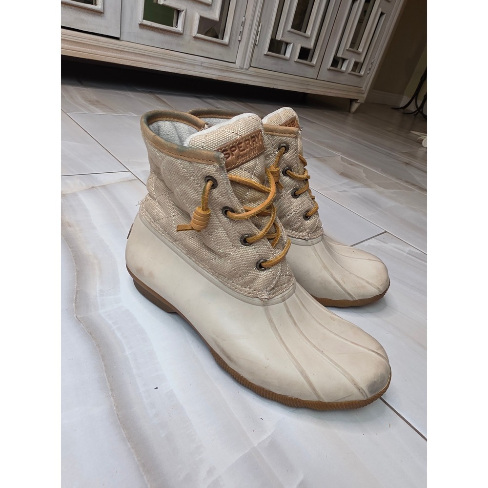 Sperry Top-Sider Saltwater Duck Boots Womens 7.5 Tan Quilted Canvas STS99071 A2 - Picture 5 of 16